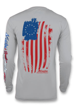 Long-sleeved gray t-shirt with a graphic print of the Betsy Ross flag in red, white, and blue on the back.