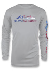Long-sleeved gray t-shirt with a graphic print of the Betsy Ross flag in red, white, and blue on the back.