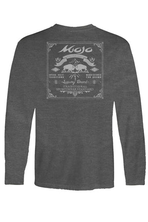 A long sleeve gray t-shirt with a center back logo and a graphic design on the front.