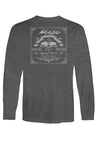 A long sleeve gray t-shirt with a center back logo and a graphic design on the front.