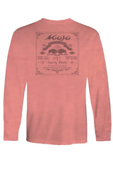 A long sleeve salmon t-shirt with a center back logo and a graphic design on the front.