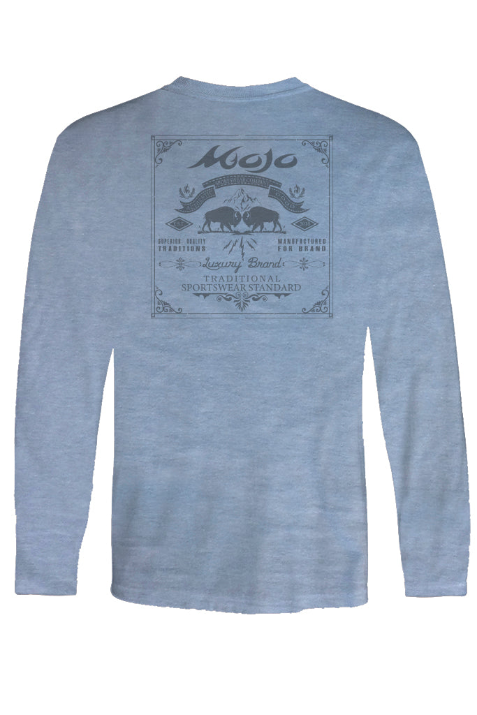A long sleeve teal t-shirt with a center back logo and a graphic design on the front.