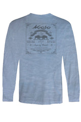 A long sleeve teal t-shirt with a center back logo and a graphic design on the front.