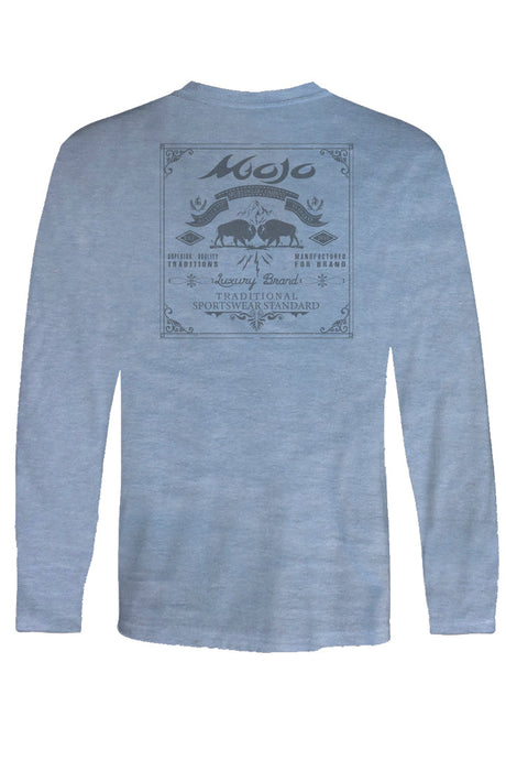 A long sleeve teal t-shirt with a center back logo and a graphic design on the front.