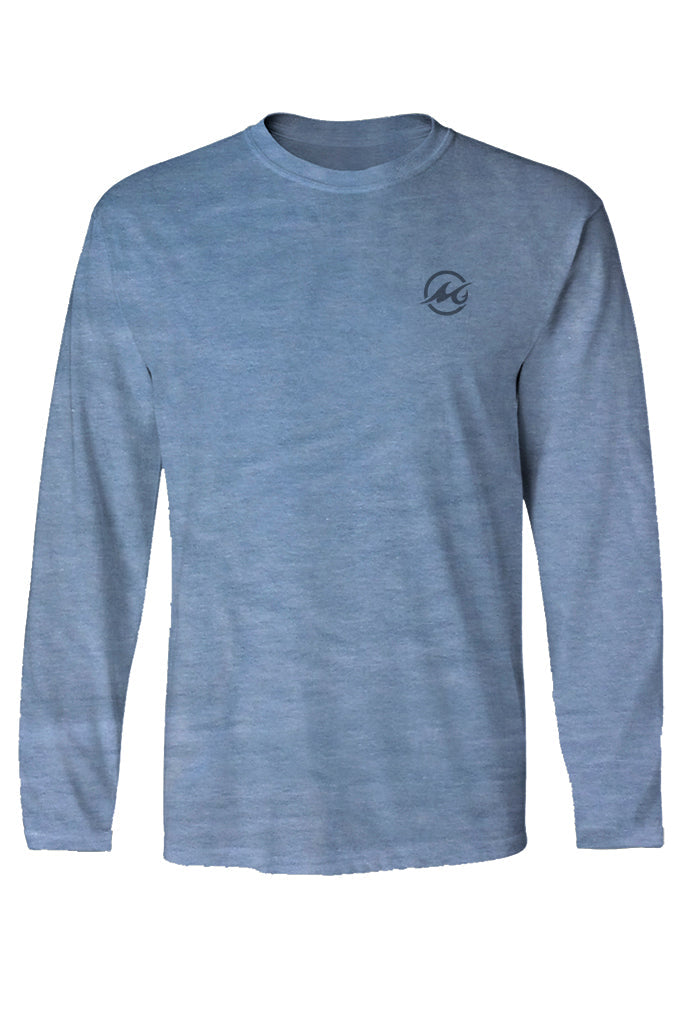 A long sleeve teal t-shirt with a center back logo and a graphic design on the front.