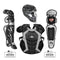 Collection of catcher's protective gear including helmet, chest protector, and shin guards on a white background.