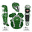 Green catcher's equipment including helmet, chest protector, and leg guards on a white background