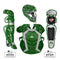 Green catcher's equipment including helmet, chest protector, and leg guards on a white background