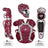 Maroon and gray catcher's equipment including helmet, chest protector, and leg guards on a white background.