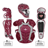 Maroon and gray catcher's equipment including helmet, chest protector, and leg guards on a white background.