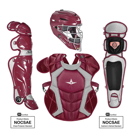 Maroon and gray catcher's equipment including helmet, chest protector, and leg guards on a white background.