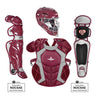 Maroon and gray catcher's equipment including helmet, chest protector, and leg guards on a white background.
