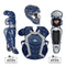 Collection of blue and gray catcher's equipment including helmet, chest protector, and shin guards on a white background.