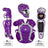 Purple baseball catcher's gear set including helmet, chest protector, and leg guards on a white background.