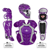 Purple baseball catcher's gear set including helmet, chest protector, and leg guards on a white background.