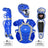 Blue catcher's equipment including helmet, chest protector, and leg guards on a white background