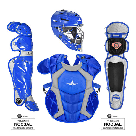 Blue catcher's equipment including helmet, chest protector, and leg guards on a white background