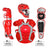 Red baseball catcher's gear including helmet, chest protector, and leg guards on a white background.
