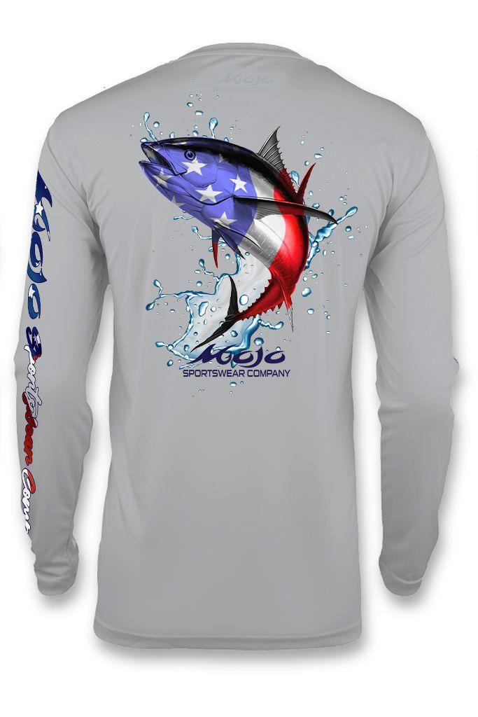 A long-sleeved grey shirt with a graphic of a fish and the American flag in red, white, and blue.