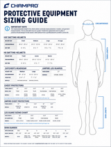 Champro protective equipment sizing guide with a human figure and measurement chart.