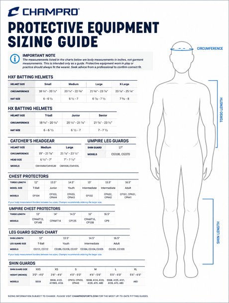 Champro protective equipment sizing guide with a human figure and measurement chart.