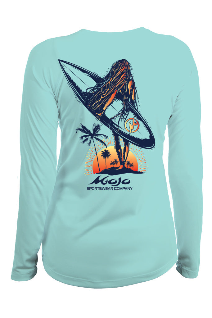 A lime green long-sleeved performance shirt with a graphic print of a surfer and palm trees on the back.
