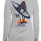 A grey long-sleeved performance shirt with a graphic print of a surfer and palm trees on the back.