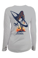 A grey long-sleeved performance shirt with a graphic print of a surfer and palm trees on the back.