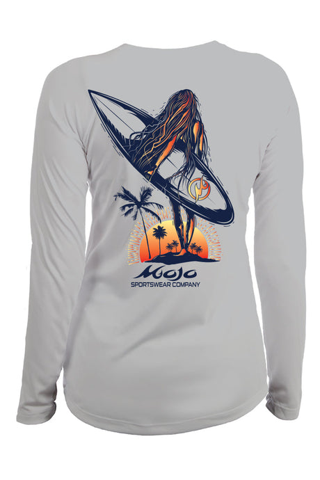 A grey long-sleeved performance shirt with a graphic print of a surfer and palm trees on the back.
