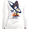 A white long-sleeved performance shirt with a graphic print of a surfer and palm trees on the back.