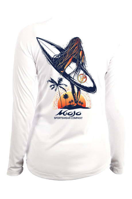 A white long-sleeved performance shirt with a graphic print of a surfer and palm trees on the back.