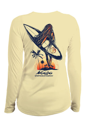 A yellow long-sleeved performance shirt with a graphic print of a surfer and palm trees on the back.