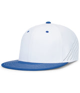 A white and royal Pacific Headwear baseball cap with a flat round bill and perforated side panels.