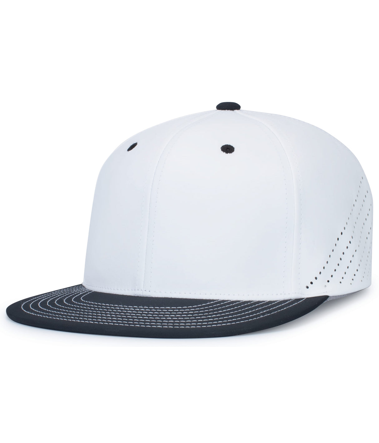 A white and black Pacific Headwear baseball cap with a flat round bill and perforated side panels.