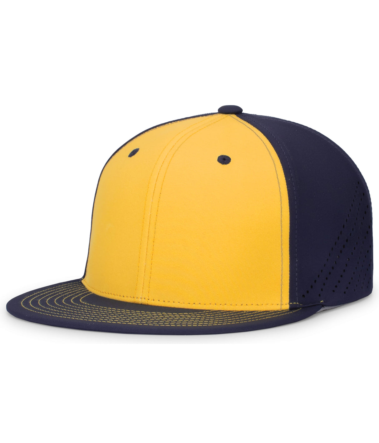 A gold and navy Pacific Headwear baseball cap with a flat round bill and perforated side panels.