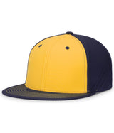 A gold and navy Pacific Headwear baseball cap with a flat round bill and perforated side panels.