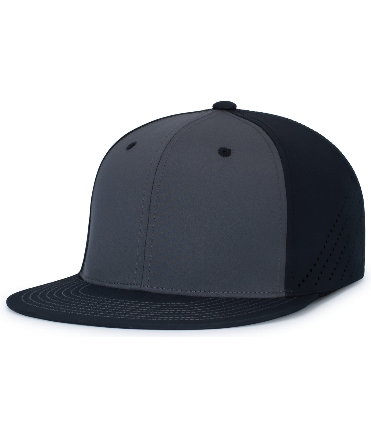 A black and gray Pacific Headwear baseball cap with a flat round bill and perforated side panels.