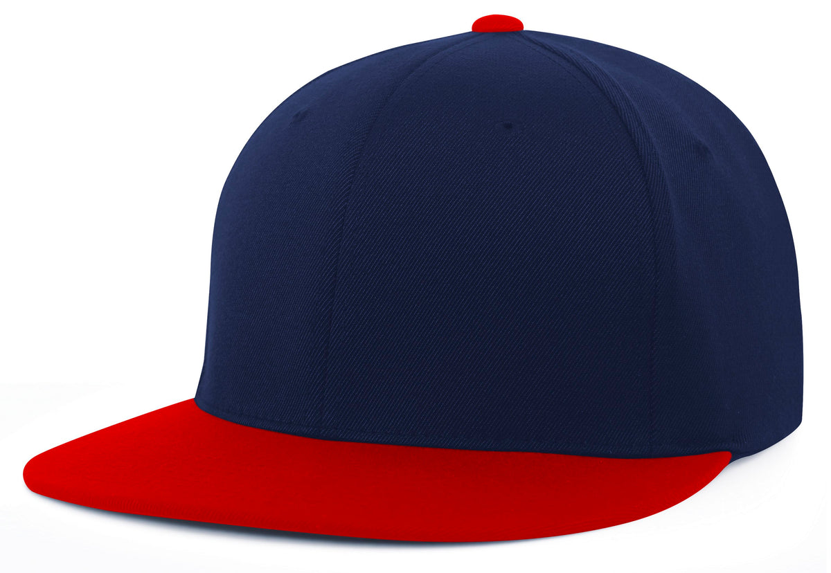Navy blue and red baseball cap on a white background