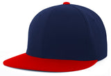 Navy blue and red baseball cap on a white background