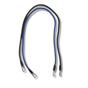 Two braided lanyards, one black and blue, the other black and white, on a white background.