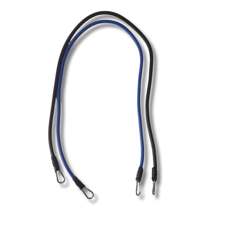 Two braided lanyards, one black and blue, the other black and white, on a white background.