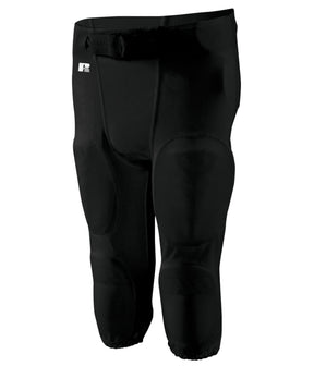 Black football pants with knee pads on a white background