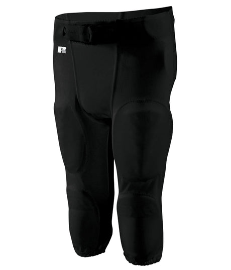 Black football pants with knee pads on a white background