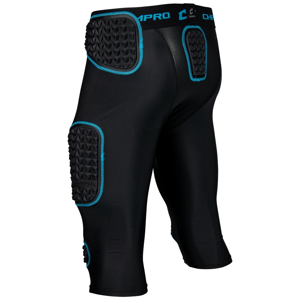 Black protective shorts with blue accents on a white background