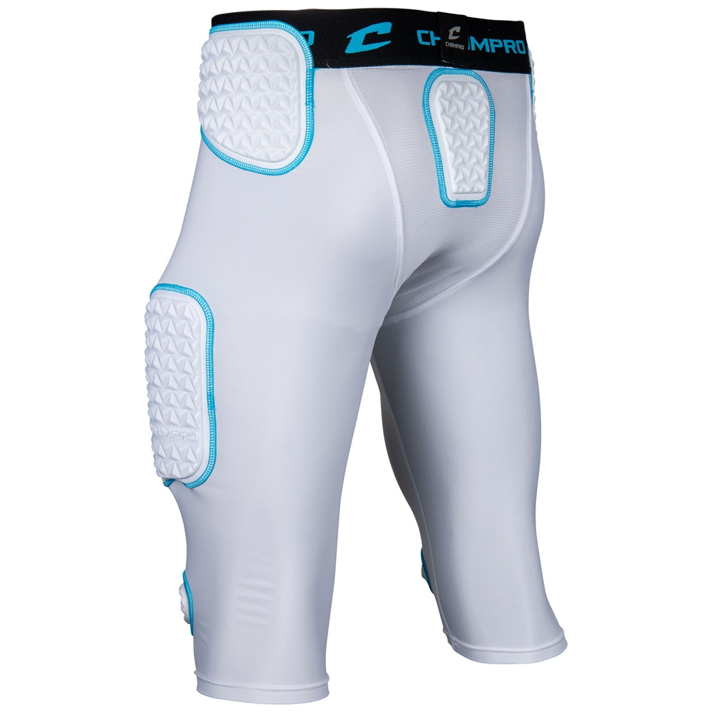 White protective athletic pants with blue accents on a white background