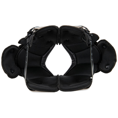 Black protective gear with multiple straps on a white background