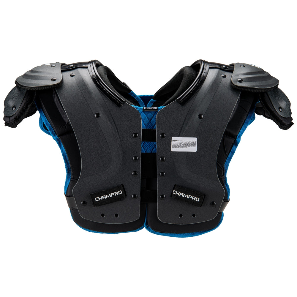 Black and blue shoulder pad with 'Champro' branding on a white background