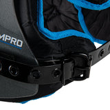 Close-up of a black and blue protective gear with a visible brand logo on a white background