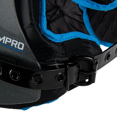 Close-up of a black and blue protective gear with a visible brand logo on a white background