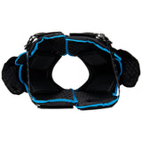Black protective gear with blue accents on a white background